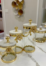 Load image into Gallery viewer, Hammered Glass Canister With White Enamel and Gold Leaf Flower: