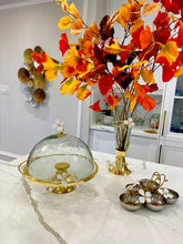 Load image into Gallery viewer, Gold Base Cake Stand and Platter Glass Cover w Jewel Flower