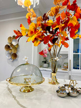 Load image into Gallery viewer, Gold Base Cake Stand and Platter Glass Cover w Jewel Flower