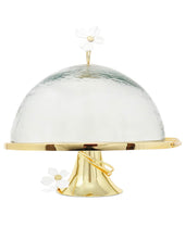 Load image into Gallery viewer, Gold Base Cake Stand and Platter Glass Cover w Jewel Flower