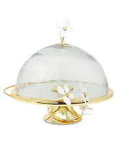 Load image into Gallery viewer, Gold Base Cake Stand and Platter Glass Cover w Jewel Flower