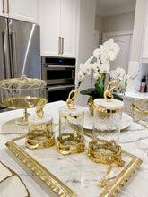 Load image into Gallery viewer, Glass Canister with Marble Lid and Gold Knot Design Knob