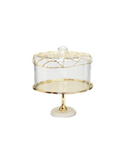 Load image into Gallery viewer, Gold Cake Tray with glass Dome ,white Marble Base Mesh design on top