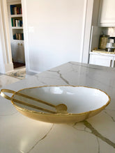 Load image into Gallery viewer, White Enamel With Gold Tongue Shaped Bowl With Spoon