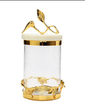 Load image into Gallery viewer, Glass and Gold Leaf Design Canister With Marble Lid
