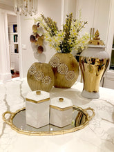 Load image into Gallery viewer, Round Matte Gold Vase with Textured Flower Design