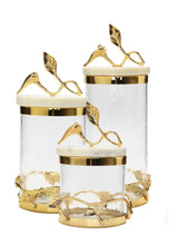 Load image into Gallery viewer, Glass and Gold Leaf Design Canister With Marble Lid