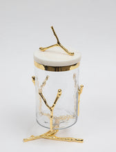 Load image into Gallery viewer, Glass Canister On Gold Twig Base with White Marble Cover