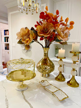 Load image into Gallery viewer, Gold Cake Tray with glass Dome ,white Marble Base Mesh design on top