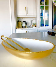 Load image into Gallery viewer, White Enamel With Gold Tongue Shaped Bowl With Spoon