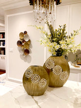 Load image into Gallery viewer, Round Matte Gold Vase with Textured Flower Design