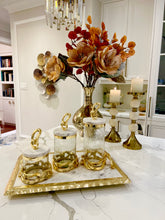Load image into Gallery viewer, Glass Canister with Marble Lid and Gold Knot Design Knob