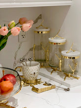 Load image into Gallery viewer, Glass Canister On Gold Twig Base with White Marble Cover