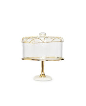Load image into Gallery viewer, Gold Cake Tray with glass Dome ,white Marble Base Mesh design on top