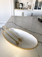 Load image into Gallery viewer, White Enamel With Gold Tongue Shaped Bowl With Spoon