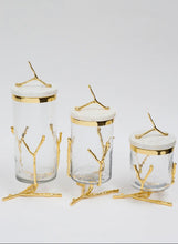 Load image into Gallery viewer, Glass Canister On Gold Twig Base with White Marble Cover