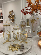 Load image into Gallery viewer, Glass Canister On Gold Twig Base with White Marble Cover