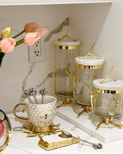 Load image into Gallery viewer, Glass Canister On Gold Twig Base with White Marble Cover
