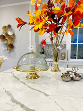 Load image into Gallery viewer, Gold Base Cake Stand and Platter Glass Cover w Jewel Flower
