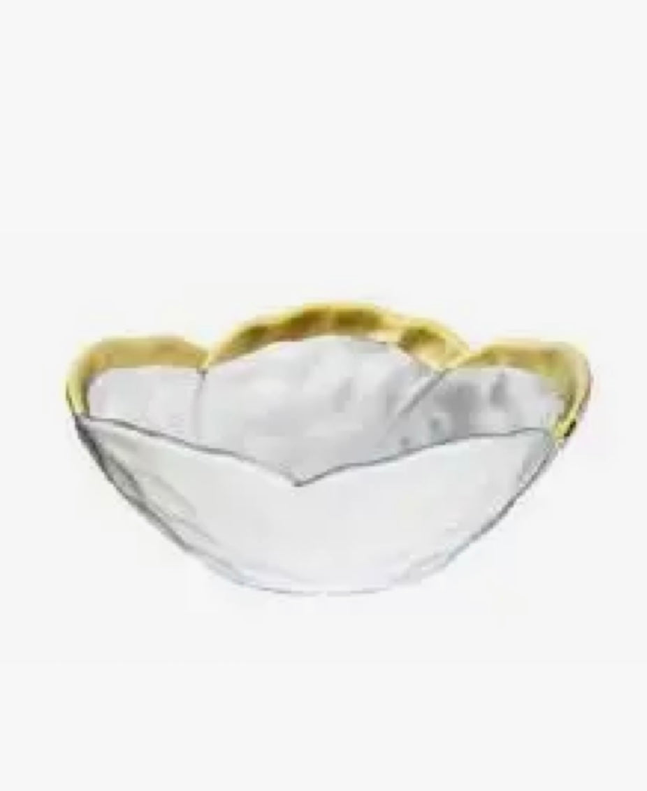 White Porcelain Flower Shaped Bowl With Gold Rim  7”D x 2.75