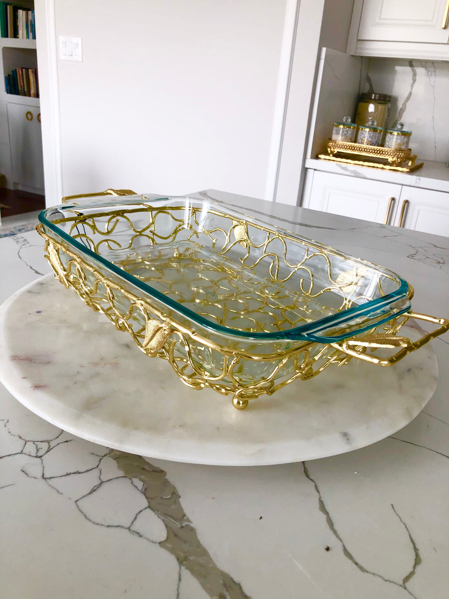 Rectangular Handled Gold Pyrex Holder with Leaf Design – Passion For ...