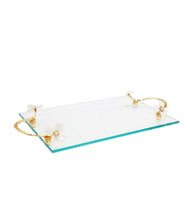 Load image into Gallery viewer, Glass Tray with White Jeweled Flower Handles
