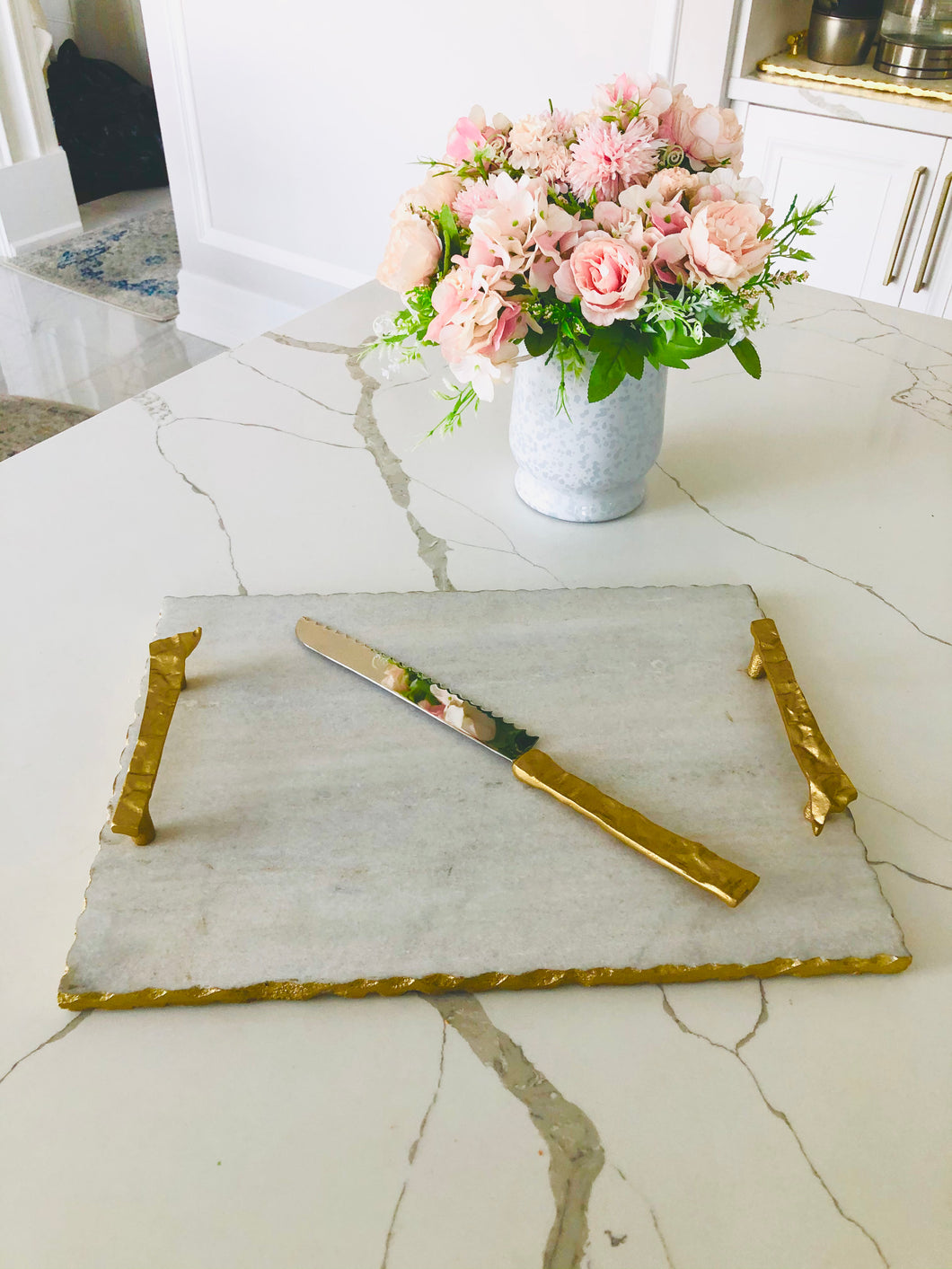 Marble Challah Tray - Gold Handles