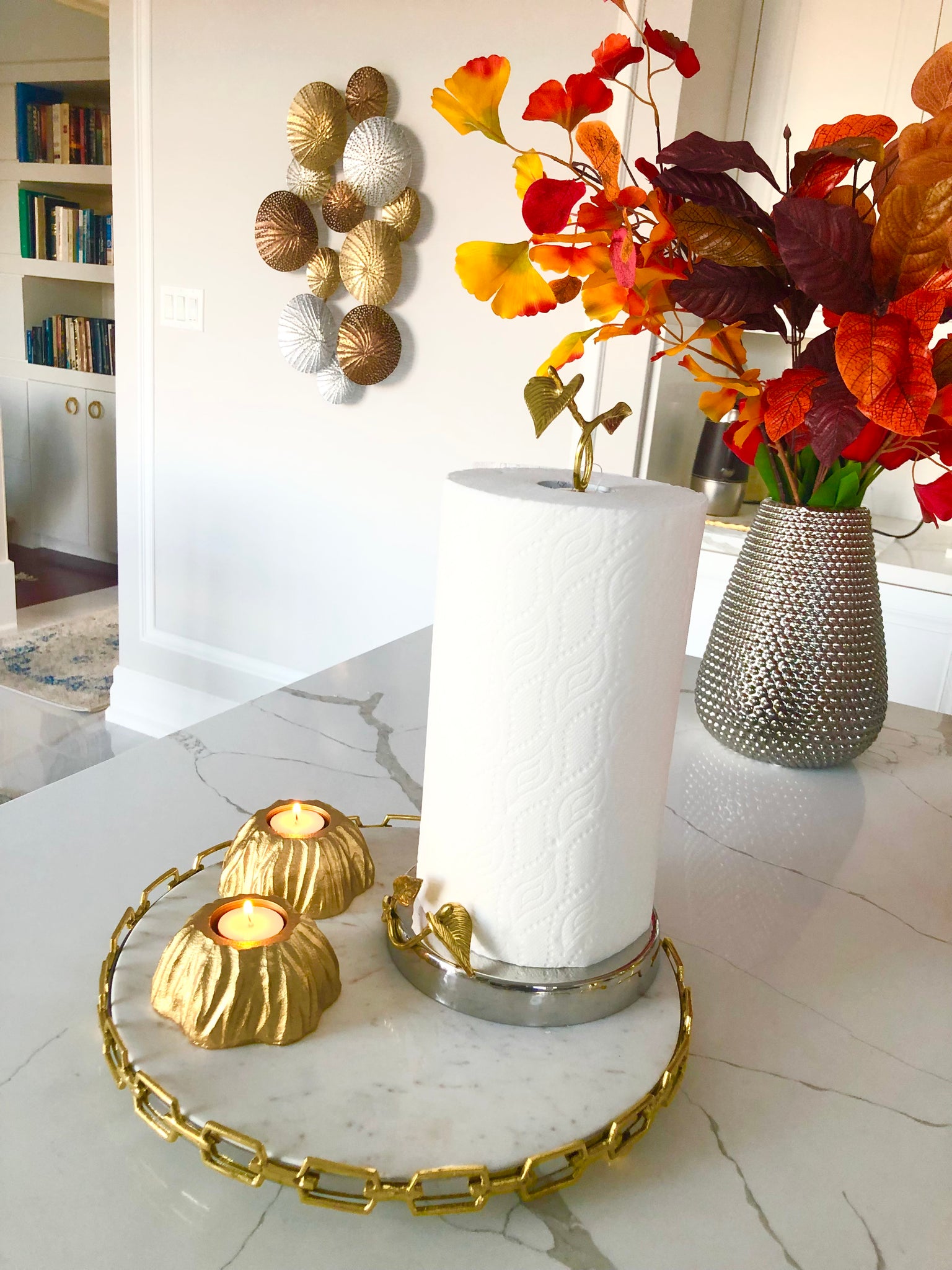 Stainless Steel Paper Towel Holder with Gold Leaf Design